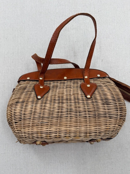 Vintage Handbags - Vintage Woven Rattan Handbag with Brown Leather Trim